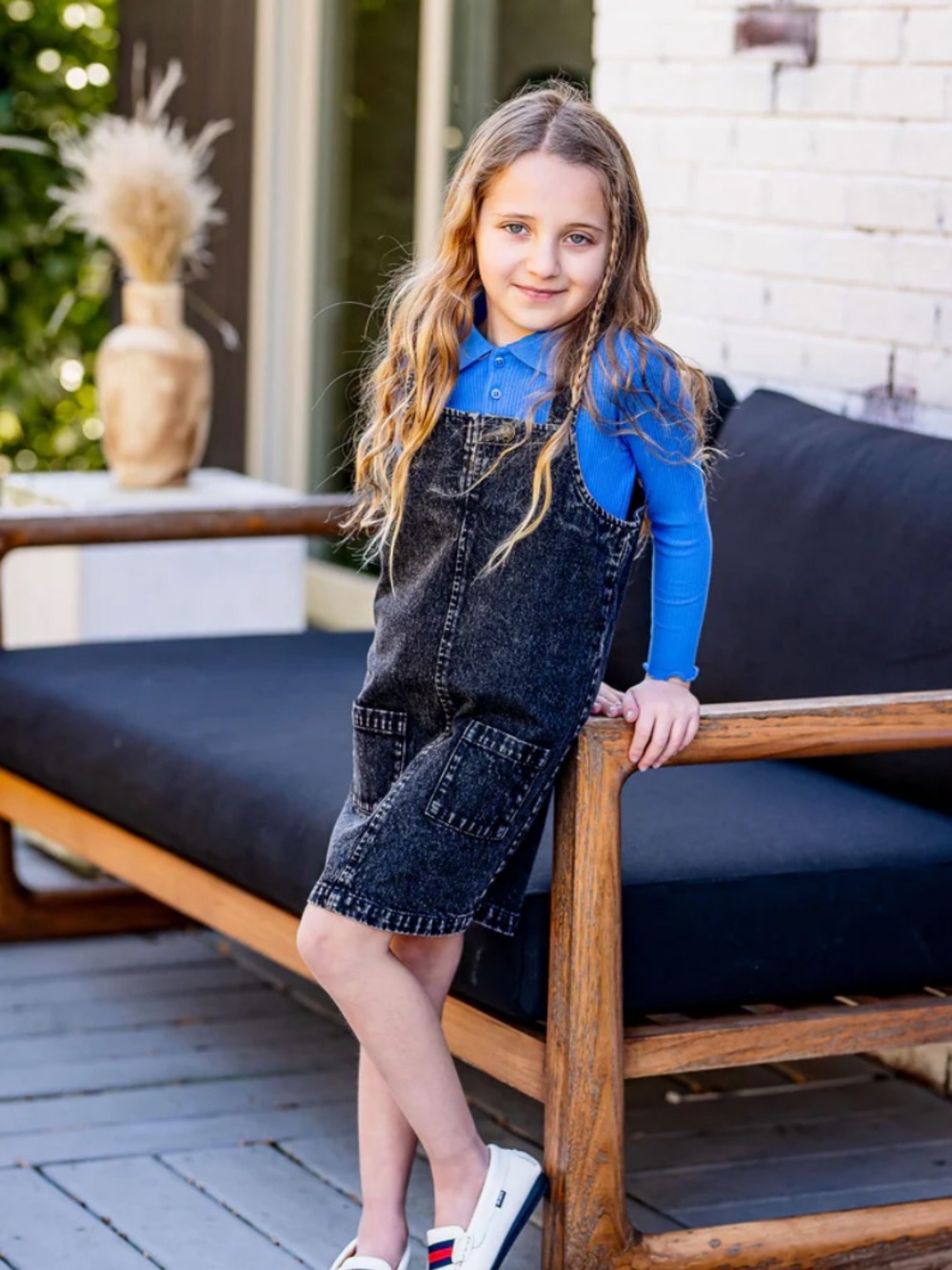 Kids Black Washed Denim Overall Dress with Blue Top